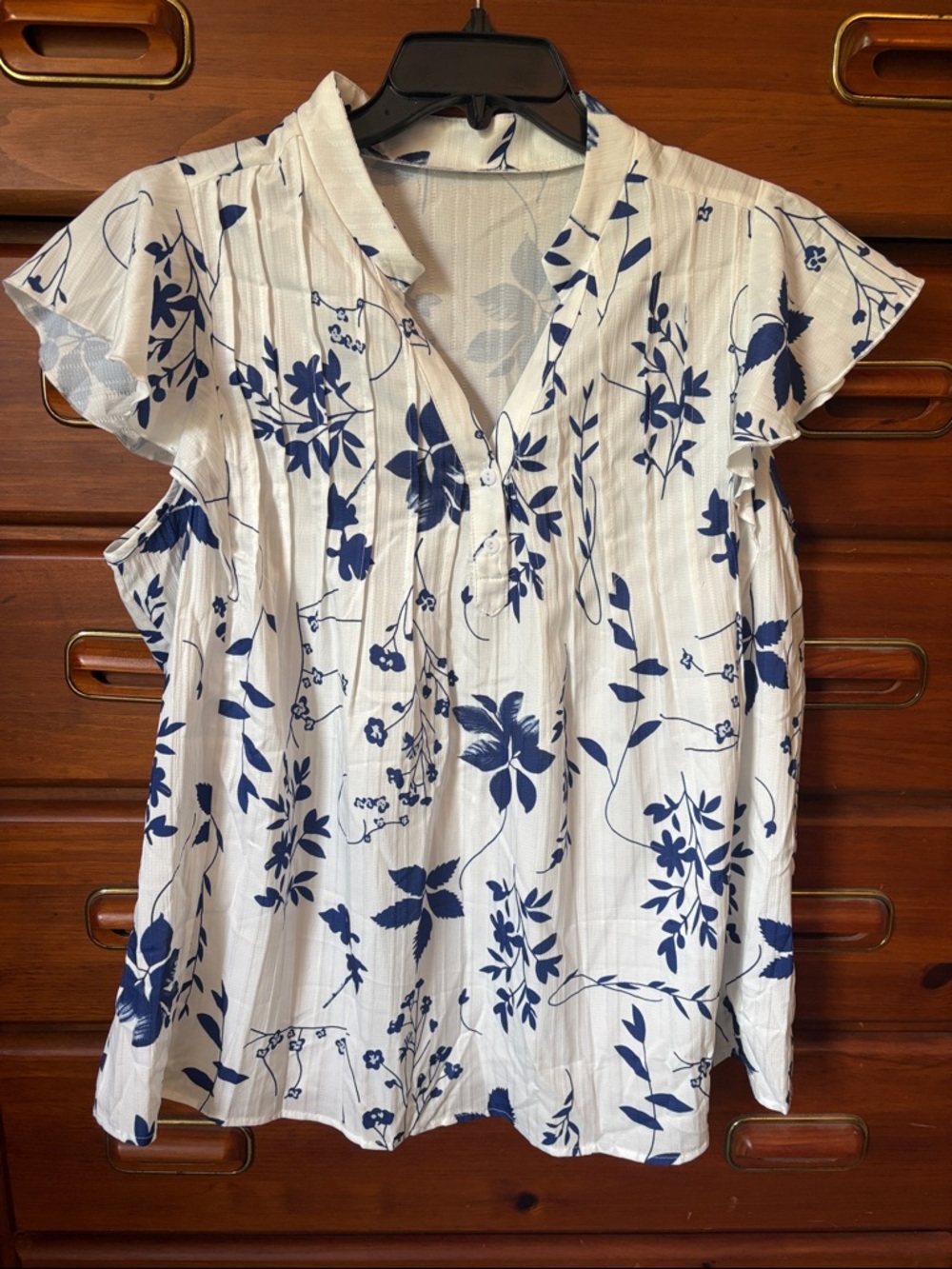 SHEIN White V-Neck Blouse with Navy Floral Print and Flutter Sleeves